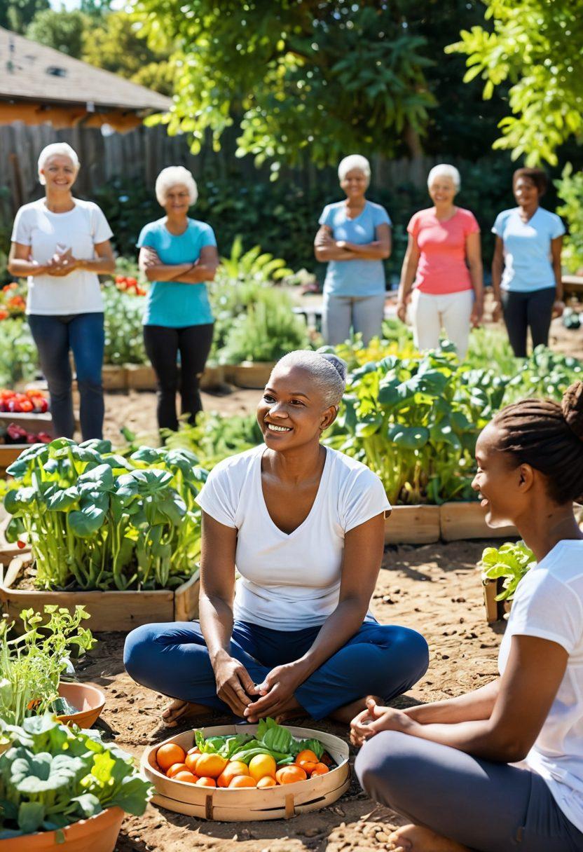 A serene scene depicting a diverse group of people participating in a community garden, cultivating vibrant vegetables and fruits. In the foreground, a cancer survivor, smiling and sharing tips with others, symbolizes empowerment and support. Soft sunlight filters through leaves, creating an inviting atmosphere, with elements of nutrition and lifestyle, like colorful plates and yoga mats in the background. super-realistic. vibrant colors. peaceful setting.