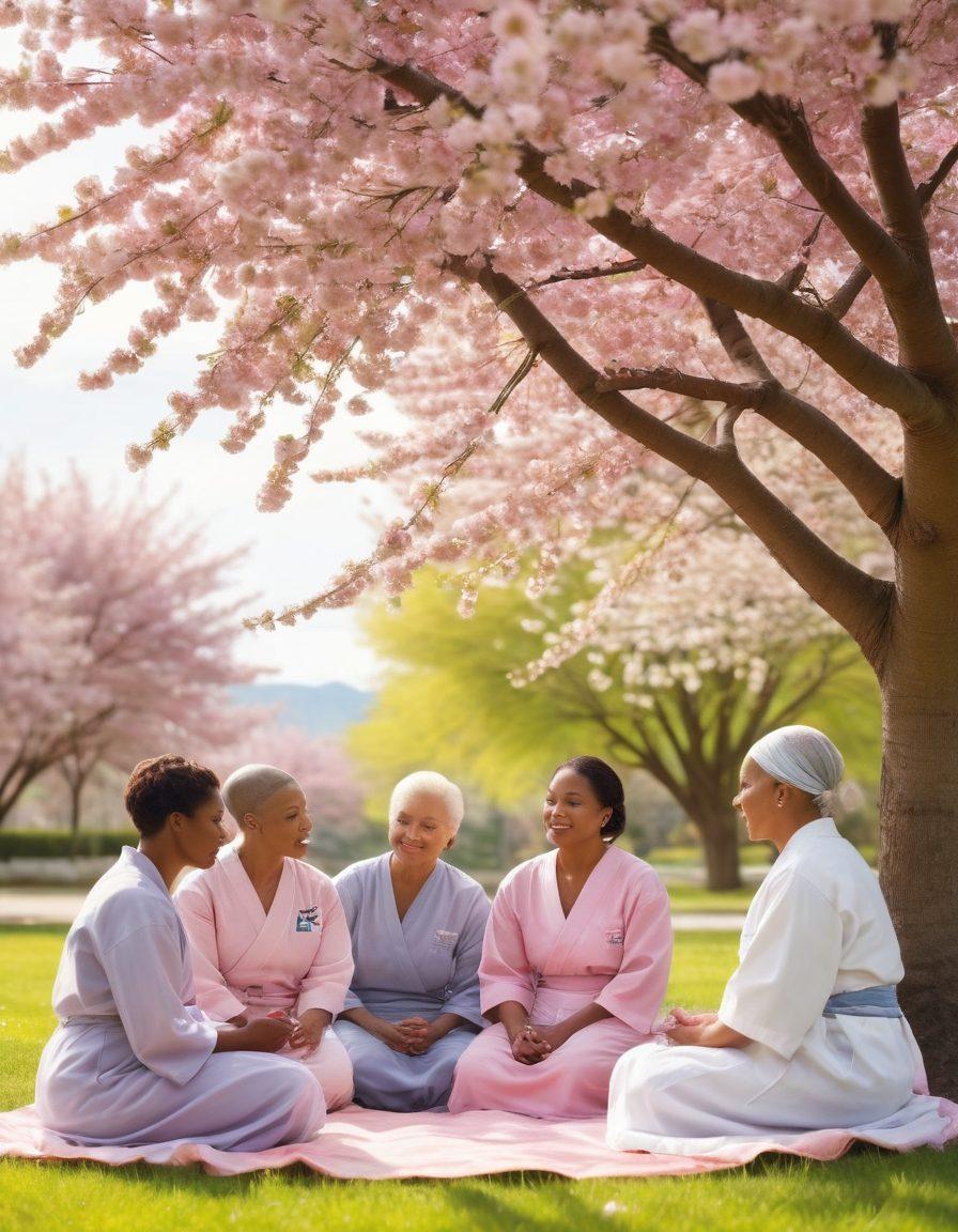 A serene scene depicting a diverse group of cancer survivors sharing their stories under a blooming cherry blossom tree, symbolizing hope and healing. Surround them with subtle medical innovations in the background, like advanced treatment machinery and uplifting advocacy banners. Incorporate warm sunlight filtering through leaves, creating a sense of comfort and empowerment. Soft pastel tones with vibrant accents to convey optimism and strength. super-realistic. vibrant colors. peaceful atmosphere.
