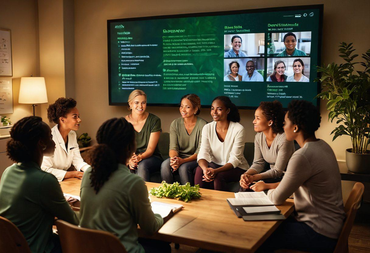 A heartwarming scene depicting diverse individuals sharing their survivor stories in a cozy support group setting, with a warm light illuminating their faces. In the background, a digital board shows clinical trial data and progress metrics, symbolizing hope and wellness. Include subtle elements of nature, such as green plants, to represent healing. The ambiance should be inviting and uplifting. super-realistic. vibrant colors. soft focus.